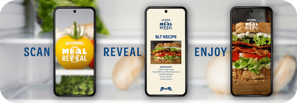 Three smartphone screens showing the Hellmann's Meal Reveal process: scanning a vegetable, revealing a BLT recipe with ingredients, and enjoying a prepared BLT sandwich