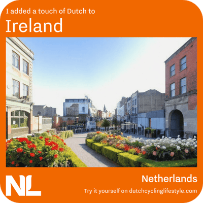 A colourful, well-maintained garden in an urban area with the text 'I added a touch of Dutch to Ireland' at the top. The bottom text reads 'Netherlands' with the website 'dutchcyclinglifestyle.com' inviting viewers to try it themselves.