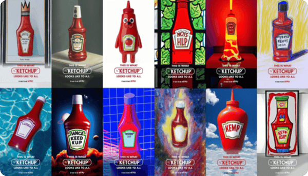 A collage of various creative interpretations of ketchup bottles, each with the text 'This is what ketchup looks like to A.I.' and featuring the Heinz logo or branding